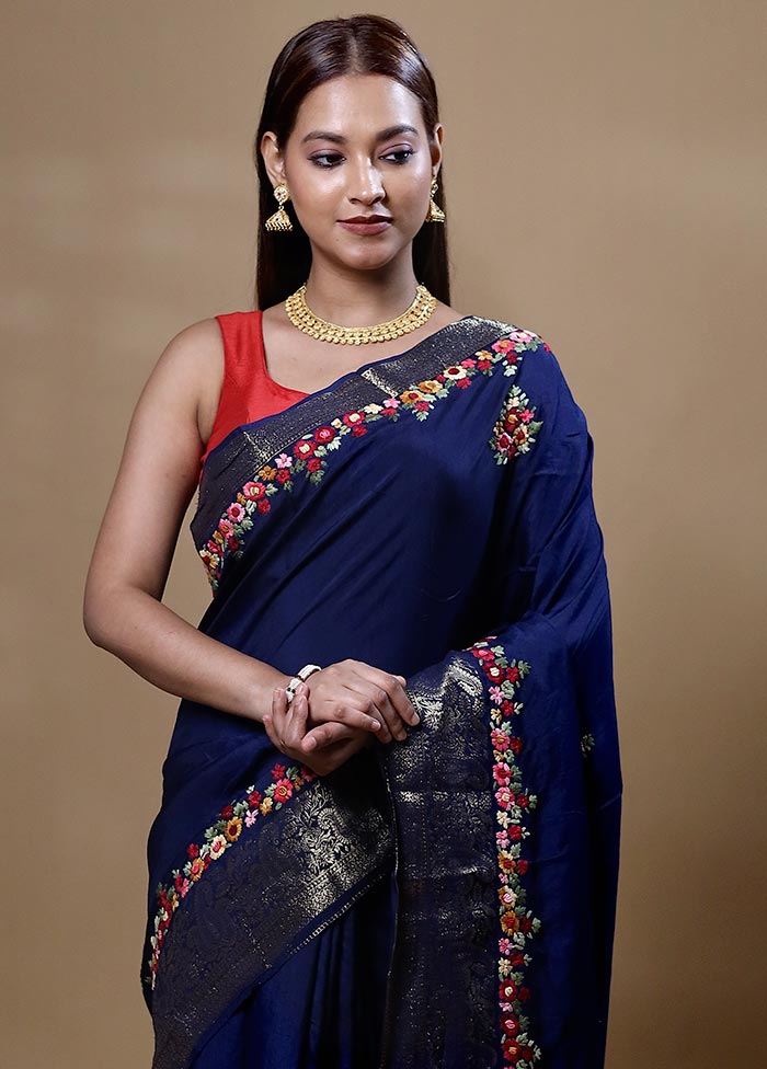 Blue Dupion Silk Saree With Blouse Piece