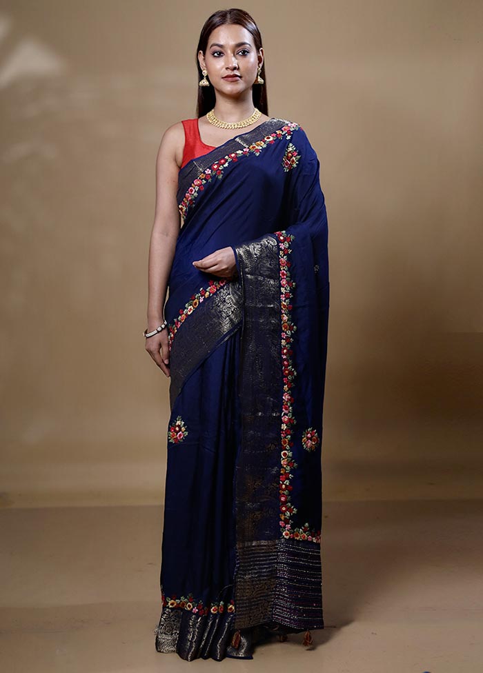 Blue Dupion Silk Saree With Blouse Piece