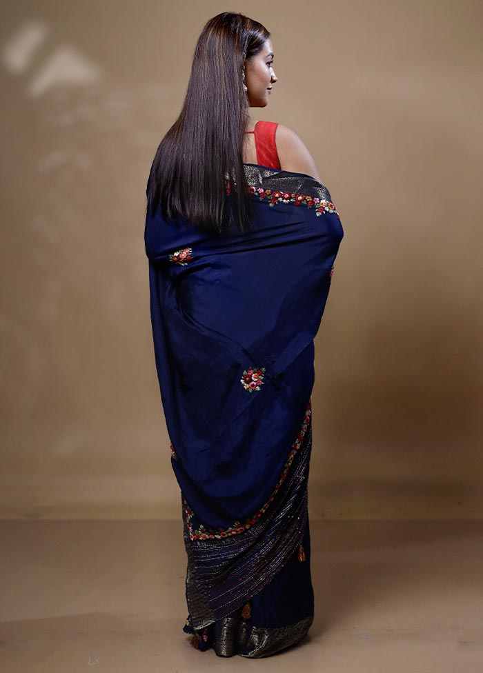 Blue Dupion Silk Saree With Blouse Piece