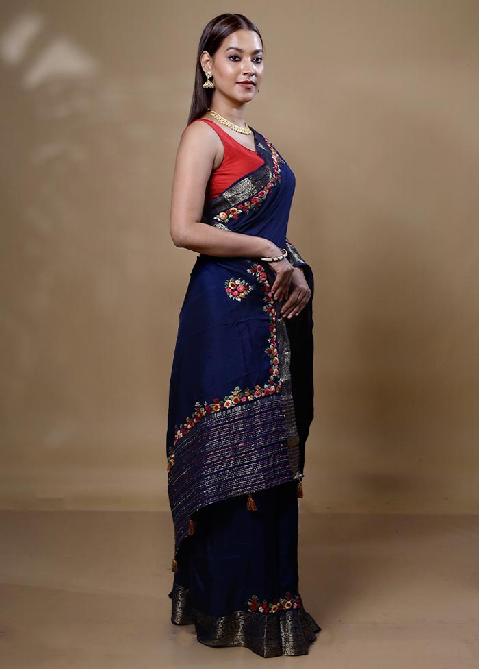 Blue Dupion Silk Saree With Blouse Piece