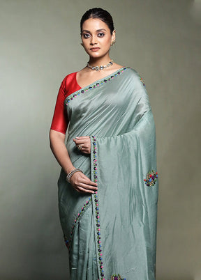 Green Dupion Silk Saree With Blouse Piece