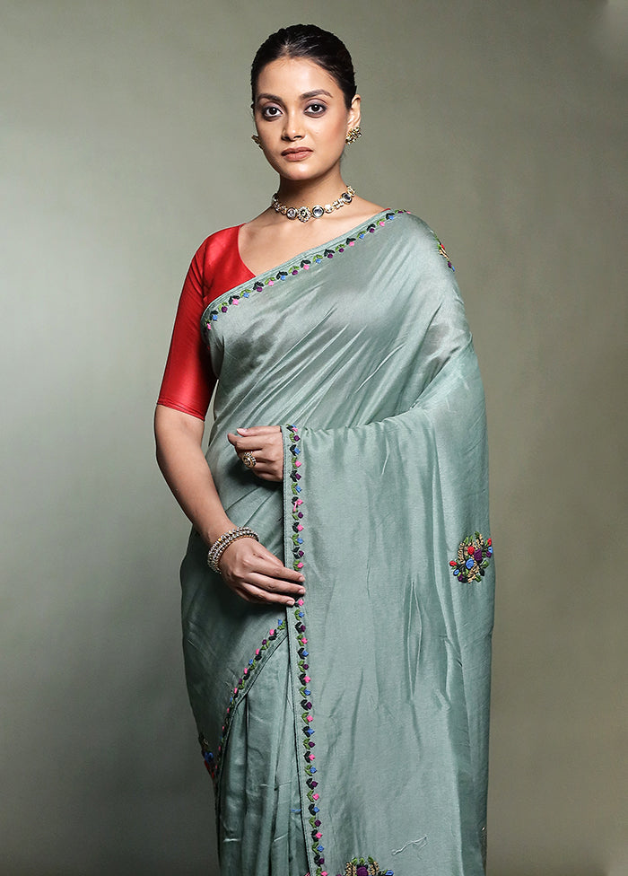 Green Dupion Silk Saree With Blouse Piece