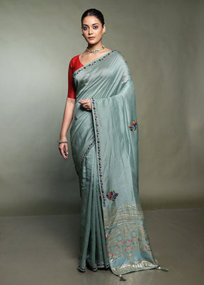 Green Dupion Silk Saree With Blouse Piece