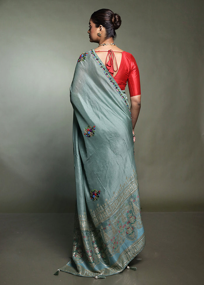 Green Dupion Silk Saree With Blouse Piece