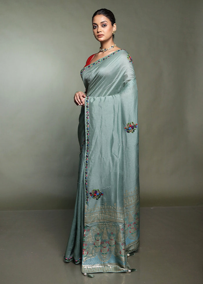 Green Dupion Silk Saree With Blouse Piece