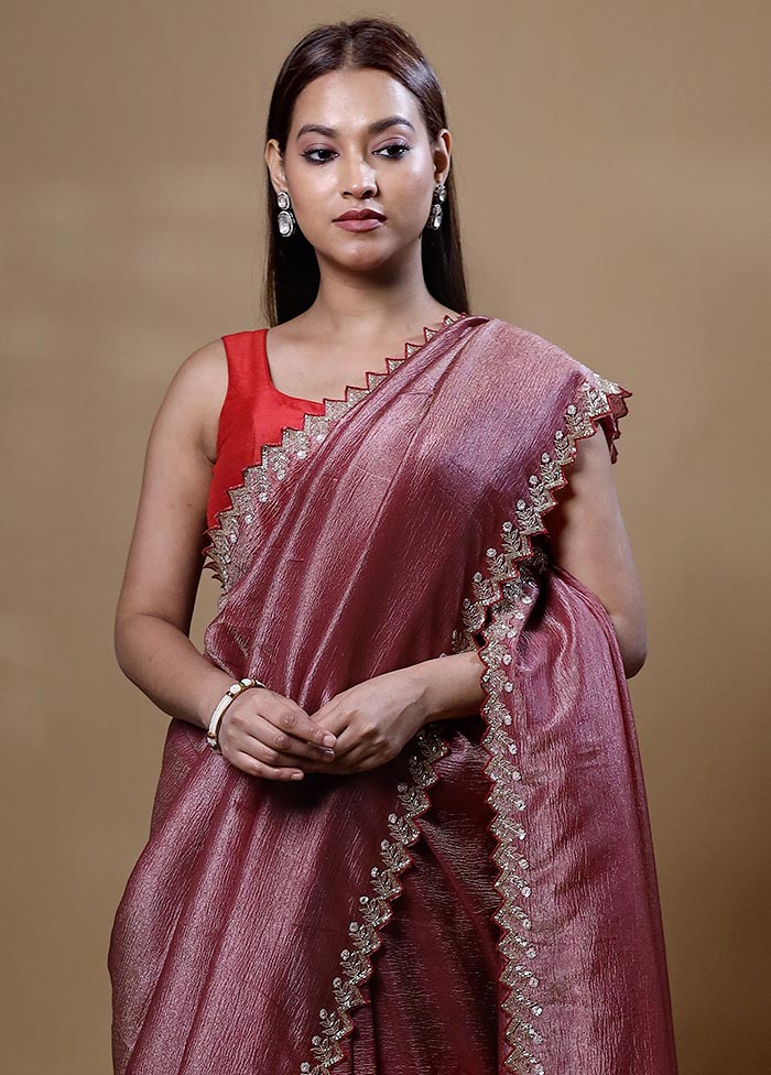 Peach Crushed Tissue Silk Saree With Blouse Piece