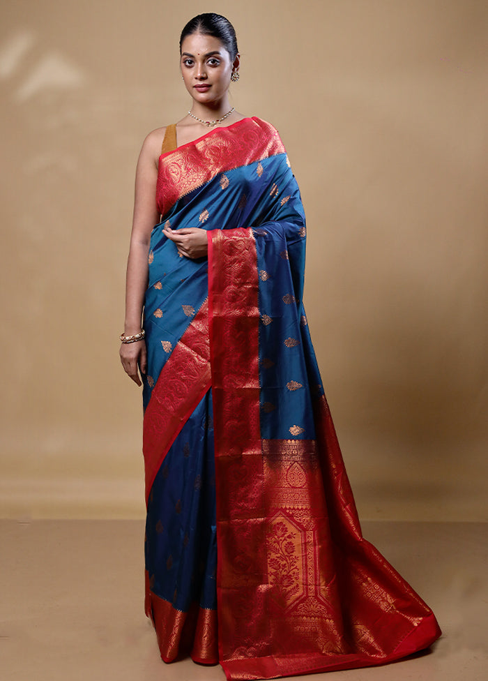 Blue Kanjivaram Silk Saree With Blouse Piece