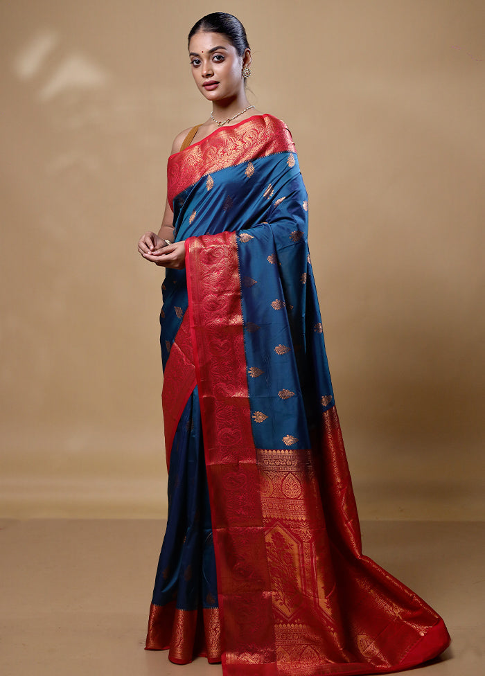 Blue Kanjivaram Silk Saree With Blouse Piece