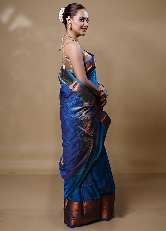 Blue Kanjivaram Silk Saree With Blouse Piece