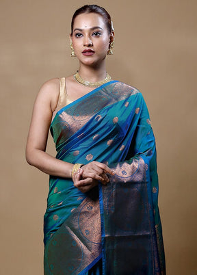 Blue Kanjivaram Silk Saree With Blouse Piece