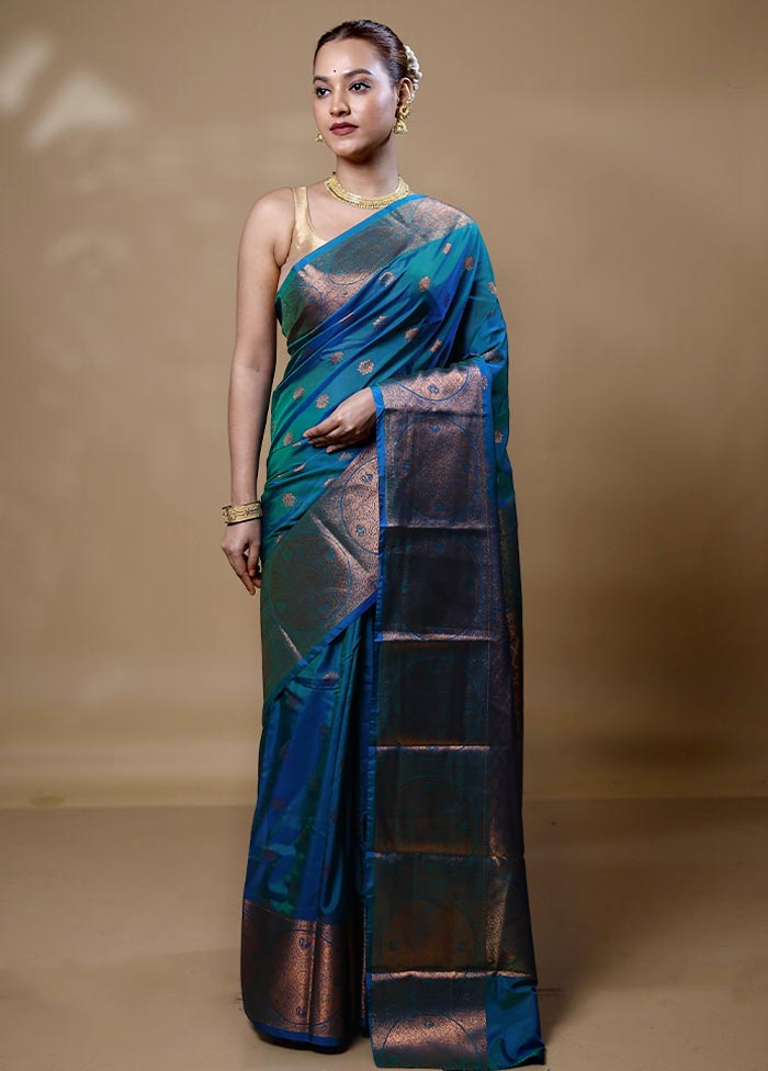 Blue Kanjivaram Silk Saree With Blouse Piece