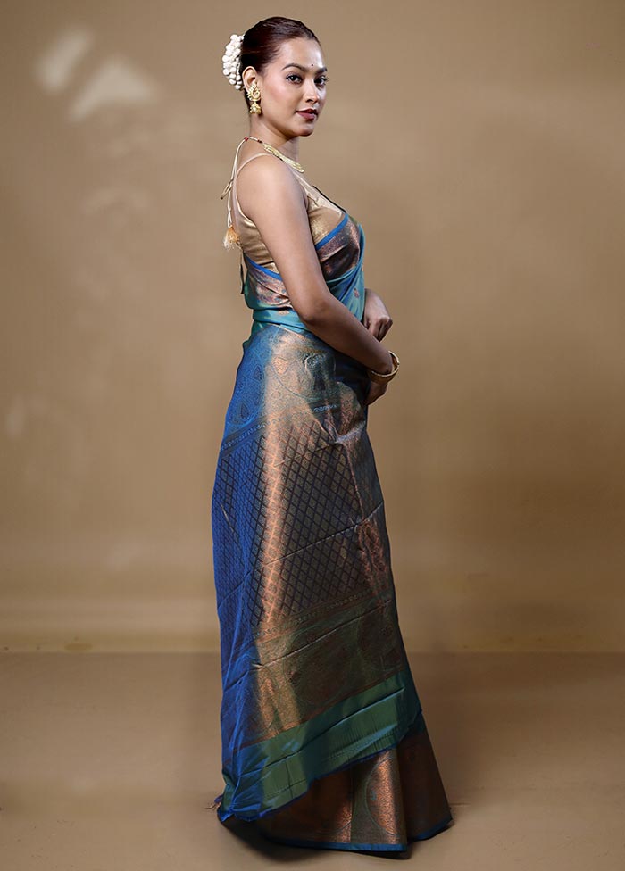 Blue Kanjivaram Silk Saree With Blouse Piece