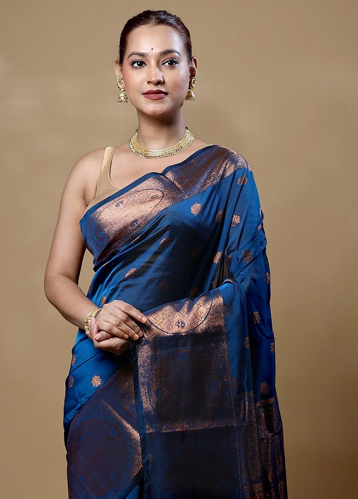 Blue Kanjivaram Silk Saree With Blouse Piece