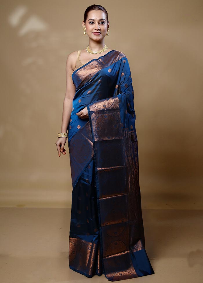 Blue Kanjivaram Silk Saree With Blouse Piece