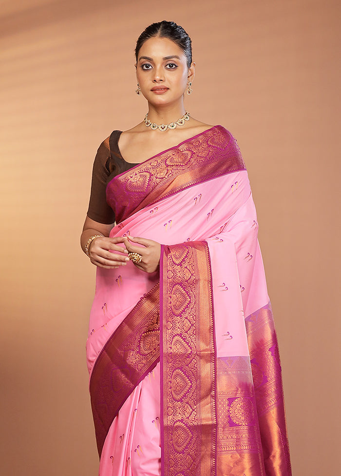 Pink Kanjivaram Silk Saree With Blouse Piece
