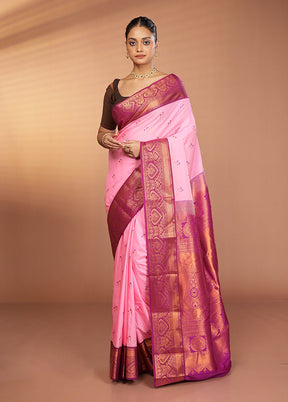 Pink Kanjivaram Silk Saree With Blouse Piece