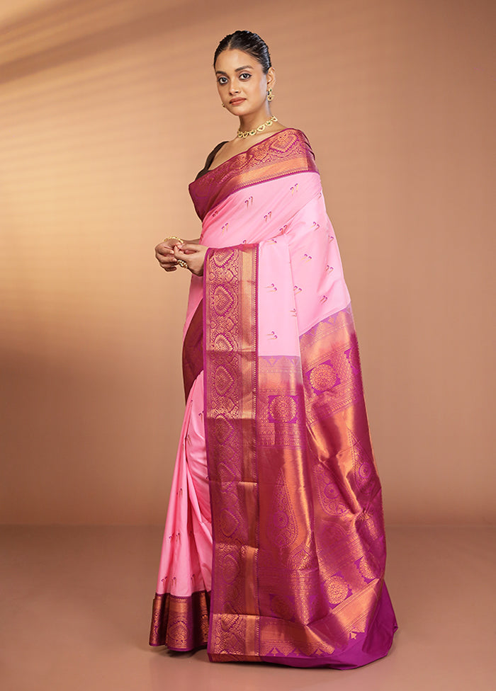 Pink Kanjivaram Silk Saree With Blouse Piece