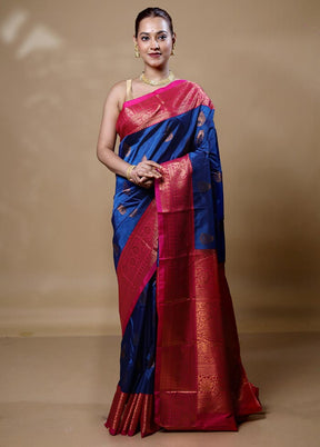 Blue Kanjivaram Silk Saree With Blouse Piece