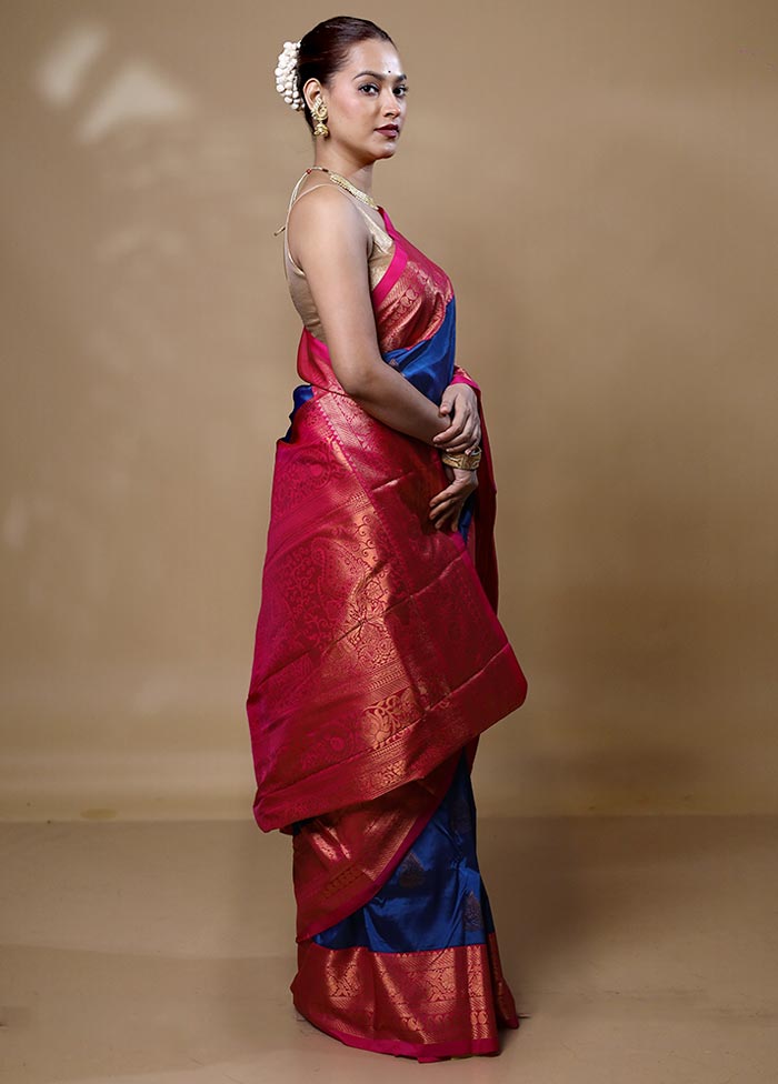 Blue Kanjivaram Silk Saree With Blouse Piece