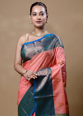 Peach Kanjivaram Silk Saree With Blouse Piece