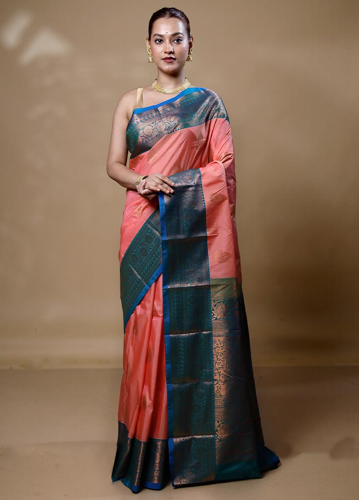 Peach Kanjivaram Silk Saree With Blouse Piece