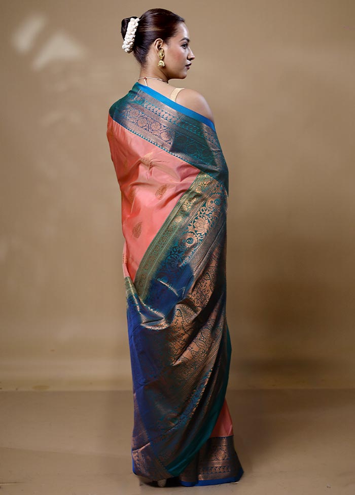 Peach Kanjivaram Silk Saree With Blouse Piece