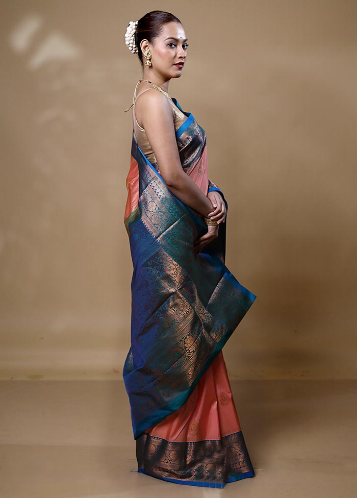 Peach Kanjivaram Silk Saree With Blouse Piece