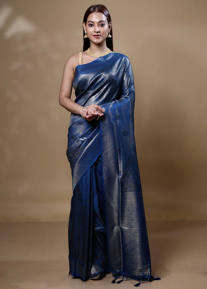 Blue Dupion Silk Saree With Blouse Piece