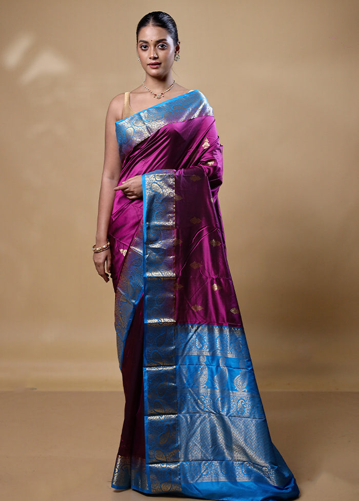 Violet Handloom Kanjivaram Pure Silk Saree With Blouse Piece