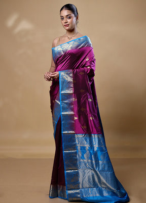 Violet Handloom Kanjivaram Pure Silk Saree With Blouse Piece