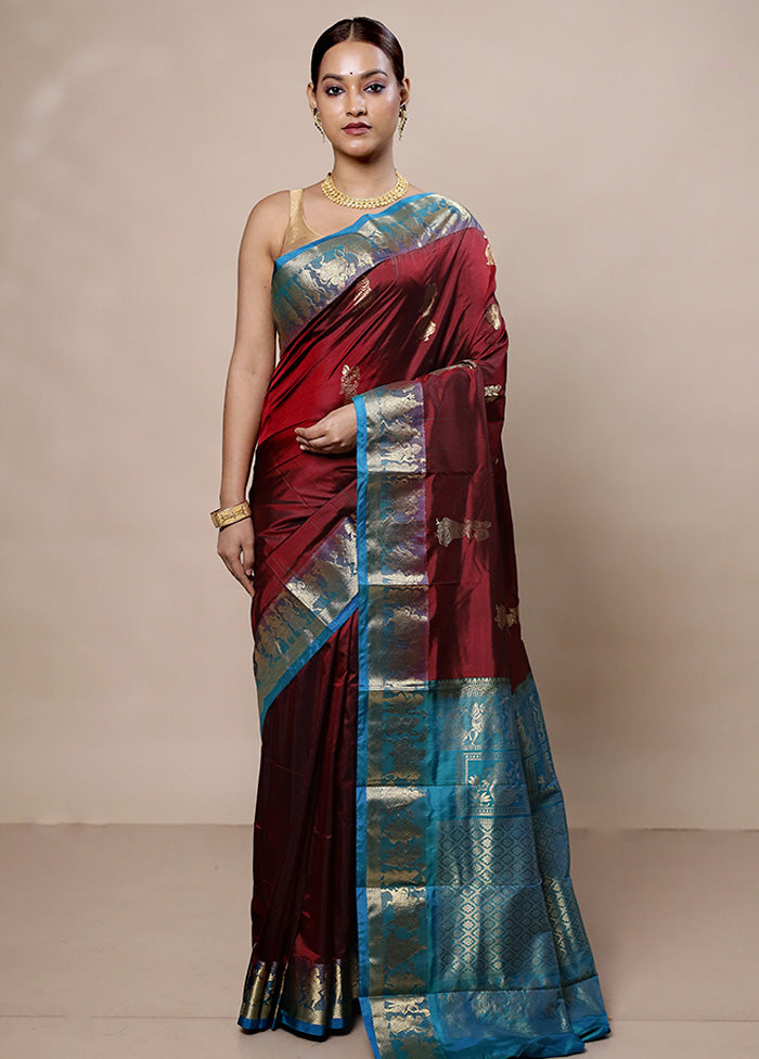 Maroon Handloom Kanjivaram Pure Silk Saree With Blouse Piece