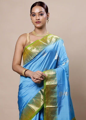 Blue Handloom Kanjivaram Pure Silk Saree With Blouse Piece