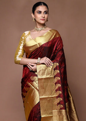 Maroon Handloom Kanjivaram Pure Silk Saree With Blouse Piece