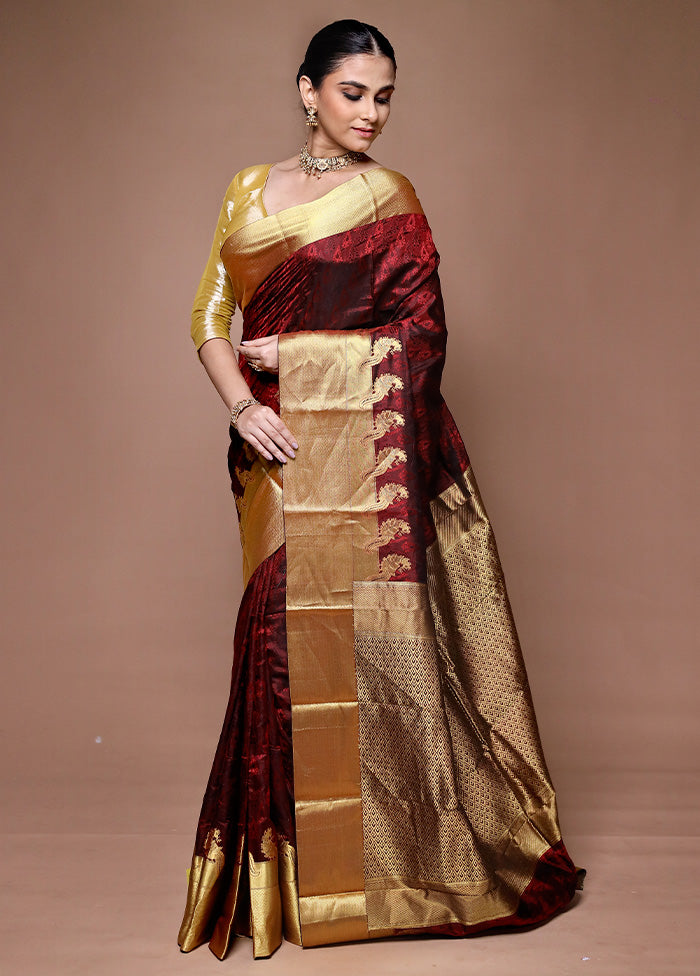 Maroon Handloom Kanjivaram Pure Silk Saree With Blouse Piece