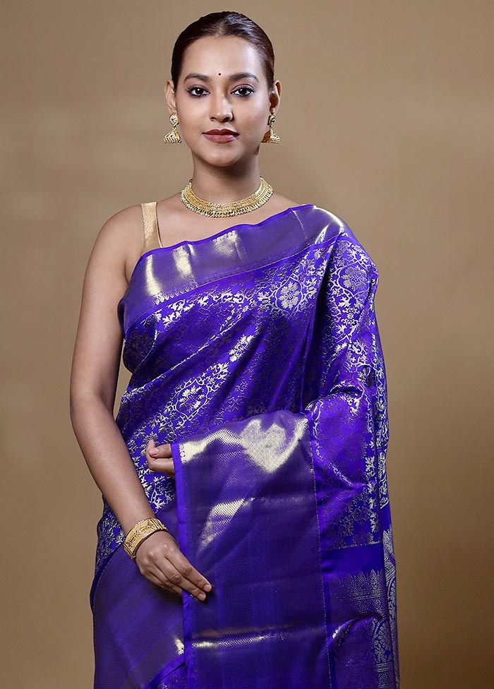 Violet Handloom Kanchipuram Pure Silk Saree With Blouse Piece