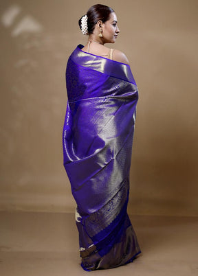 Violet Handloom Kanchipuram Pure Silk Saree With Blouse Piece