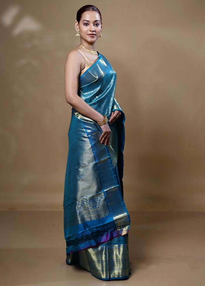 Blue Handloom Kanchipuram Pure Silk Saree With Blouse Piece