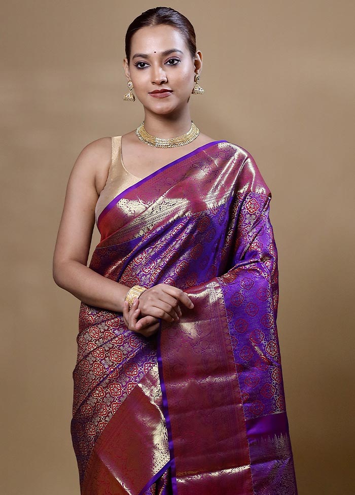 Violet Handloom Kanchipuram Pure Silk Saree With Blouse Piece