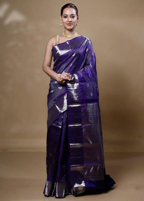 Violet Handloom Kanchipuram Pure Silk Saree With Blouse Piece