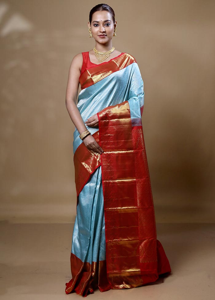 Blue Handloom Kanchipuram Pure Silk Saree With Blouse Piece