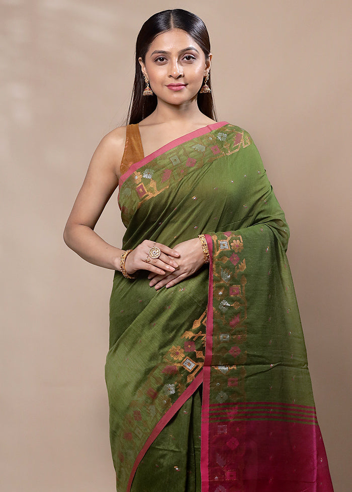 Green Cotton Saree With Blouse Piece