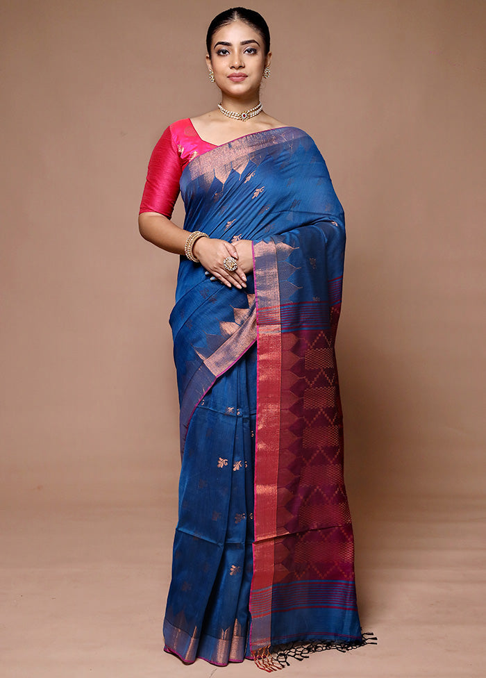 Blue Khadi Cotton Saree With Blouse Piece