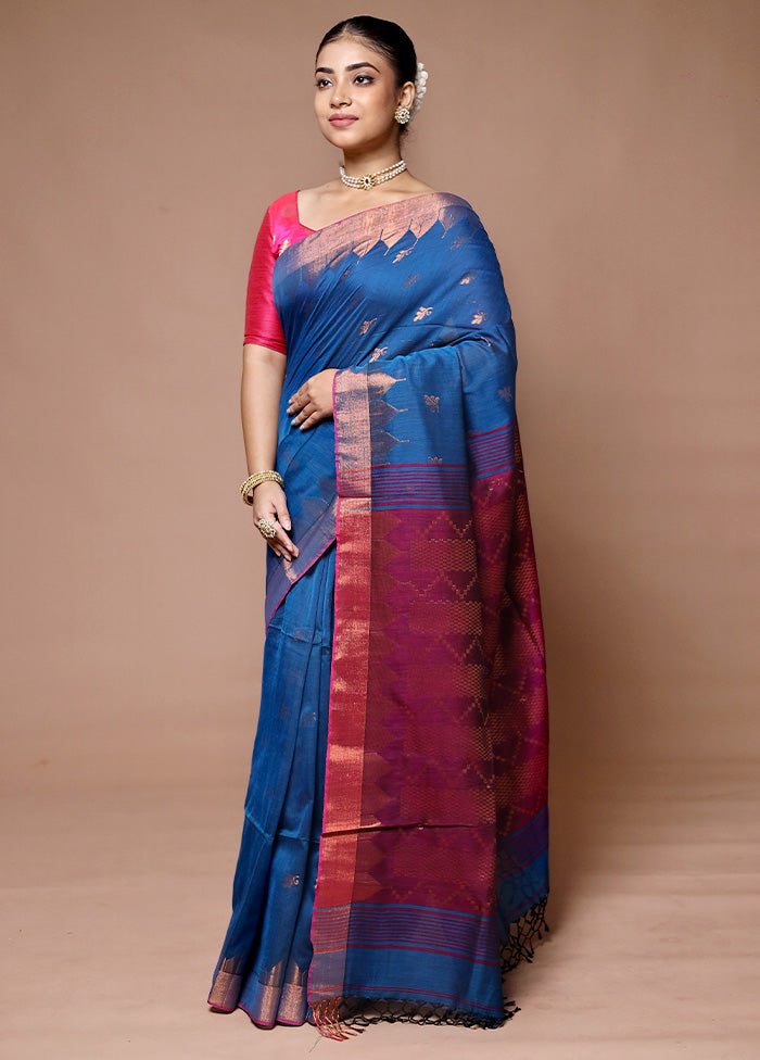Blue Cotton Saree With Blouse Piece
