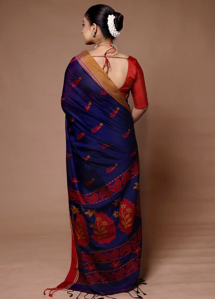 Blue Khadi Cotton Saree With Blouse Piece