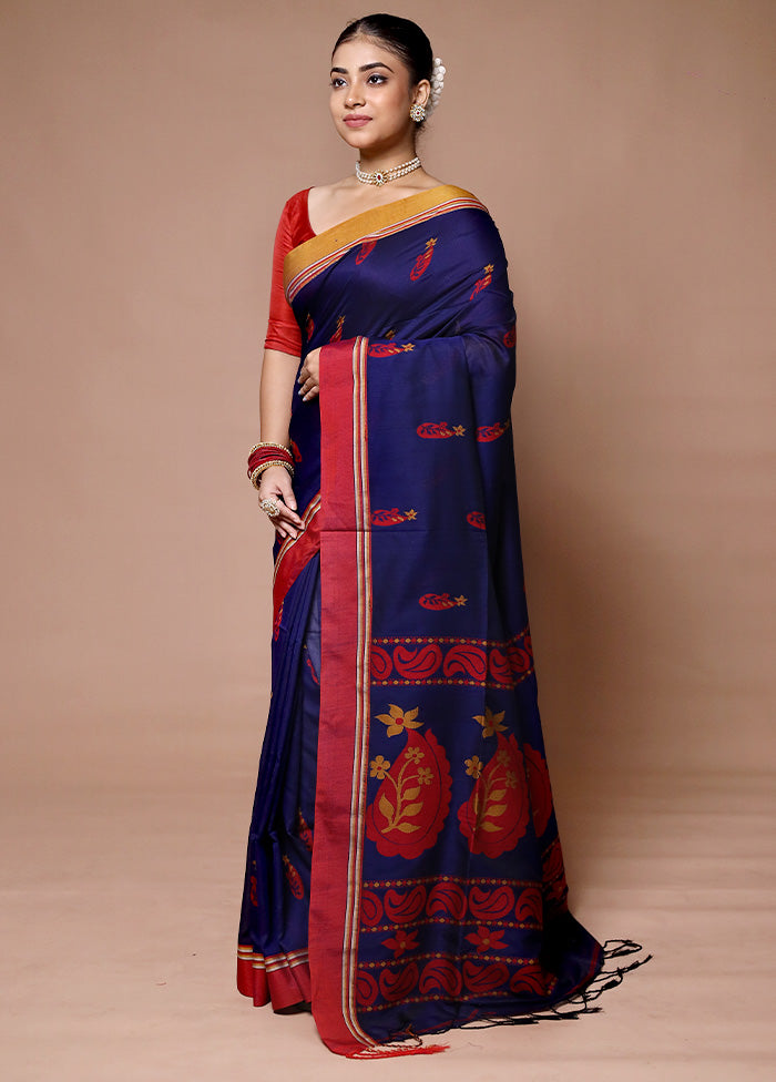 Blue Khadi Cotton Saree With Blouse Piece