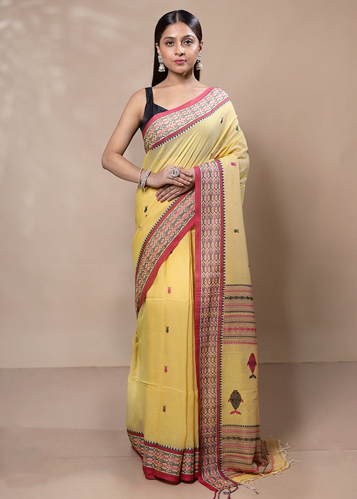 Yellow Khadi Cotton Saree With Blouse Piece