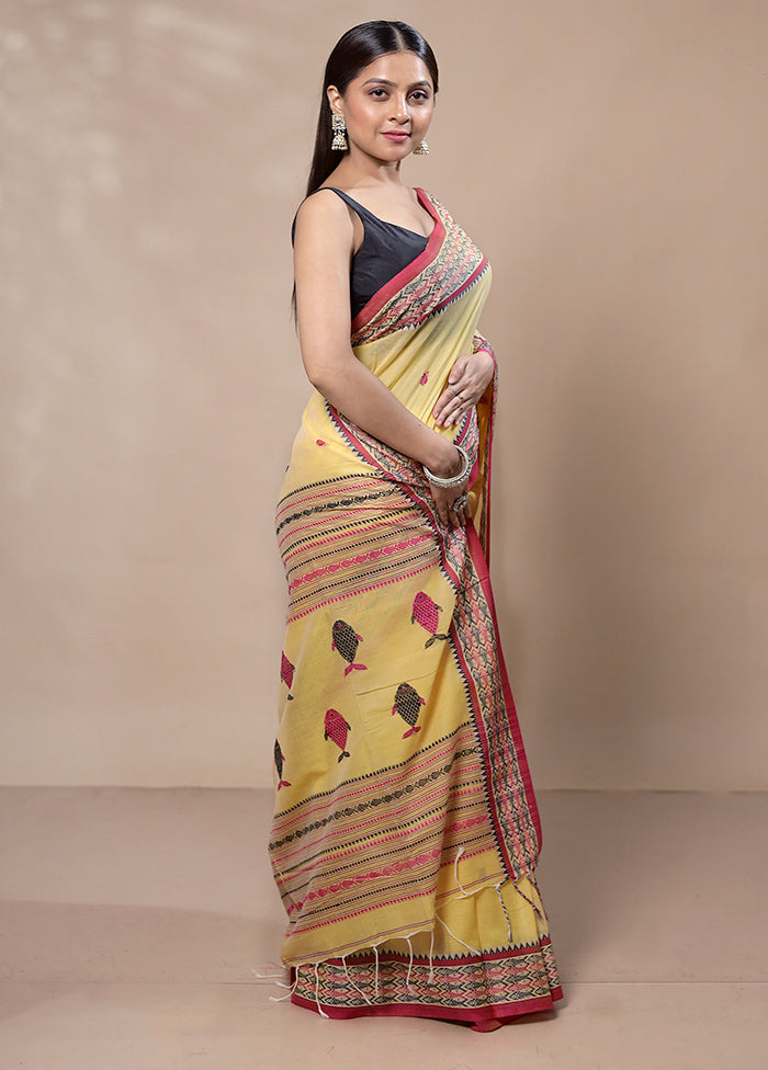 Yellow Khadi Cotton Saree With Blouse Piece