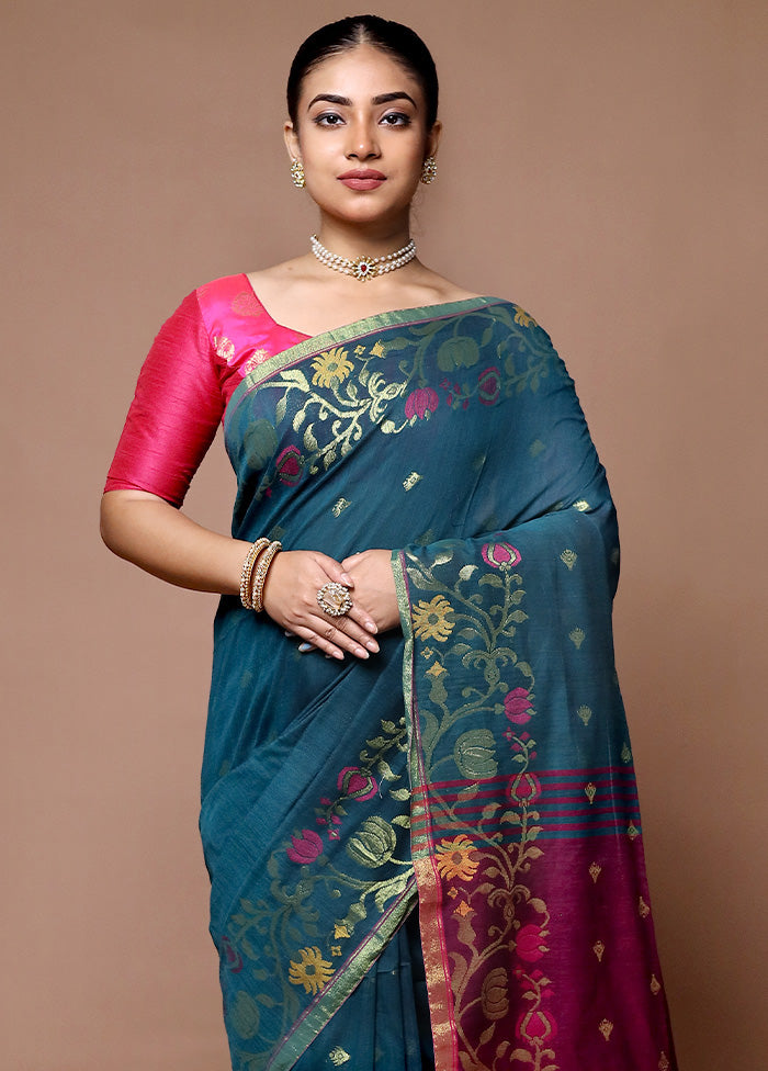 Blue Khadi Cotton Saree With Blouse Piece