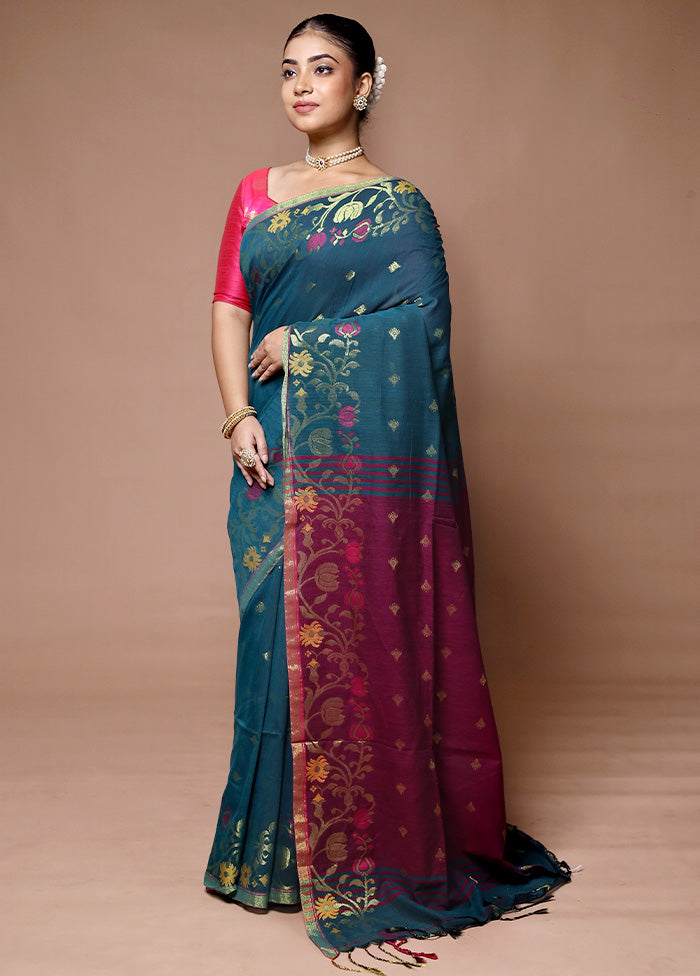 Blue Khadi Cotton Saree With Blouse Piece