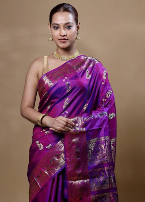 Purple Handloom Baluchari Pure Silk Saree With Blouse Piece